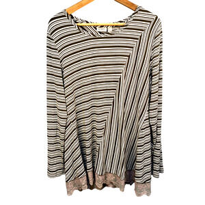 LOGO Lori Goldstein Women's Green Cream Striped Tunic Top Lace Trim Size Large
